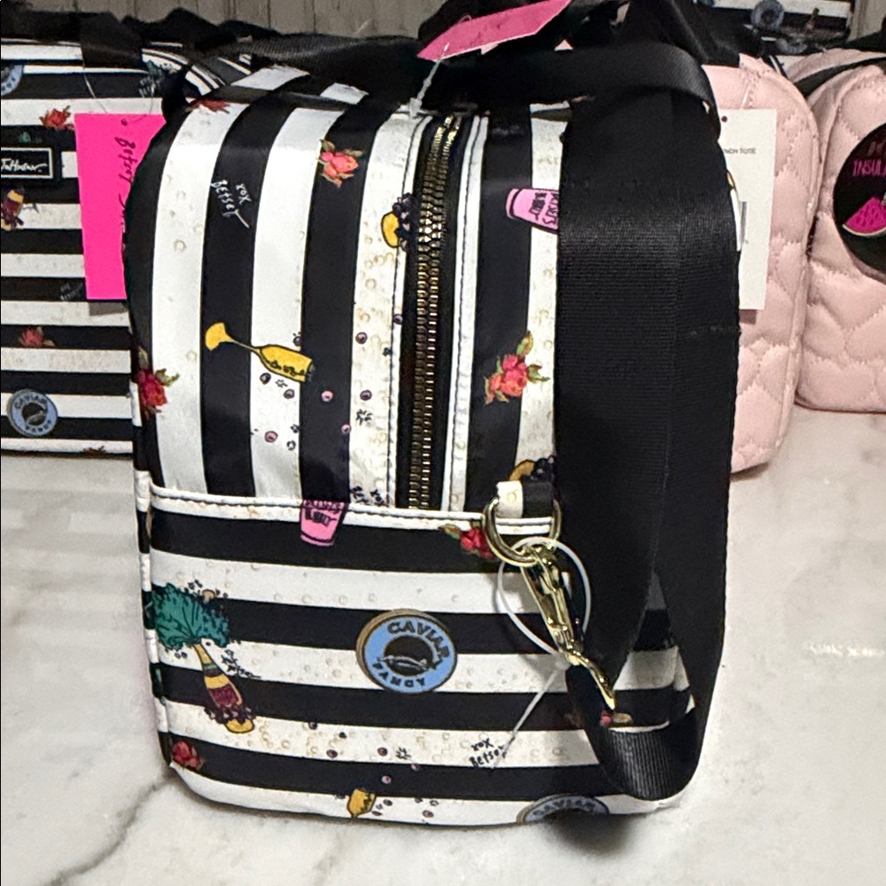 Betsey Johnson Black and White Striped Lunch Tote with Colorful Accents - Picture 4 of 7